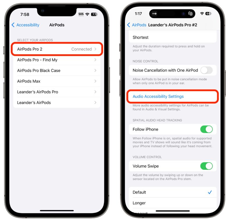 Verwenden Sie AirPods_als Hörgeräte 2 Wählen Sie die AirPods aus, die Sie einrichten möchten. Stellen Sie sicher, dass sie verbunden sind. Andernfalls wird möglicherweise eine Fehlermeldung angezeigt.