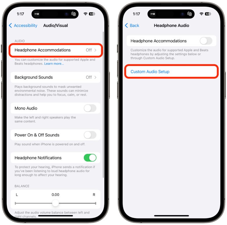 Verwenden Sie AirPods_als Hörgeräte 3 Wählen Sie unter „Kopfhöreroptionen“ die Option „Cutom Audio Setup“.