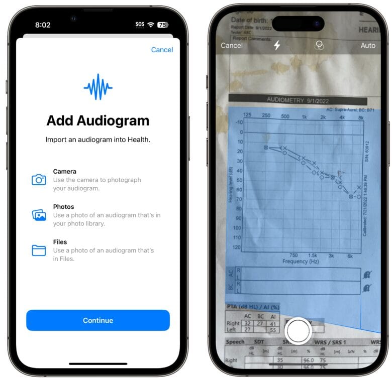 Verwenden Sie AirPods_als Hörgeräte 4 Um ein Audiogramm hinzuzufügen, machen Sie einfach ein Foto davon. Das System liest automatisch die Zahlen im Diagramm.