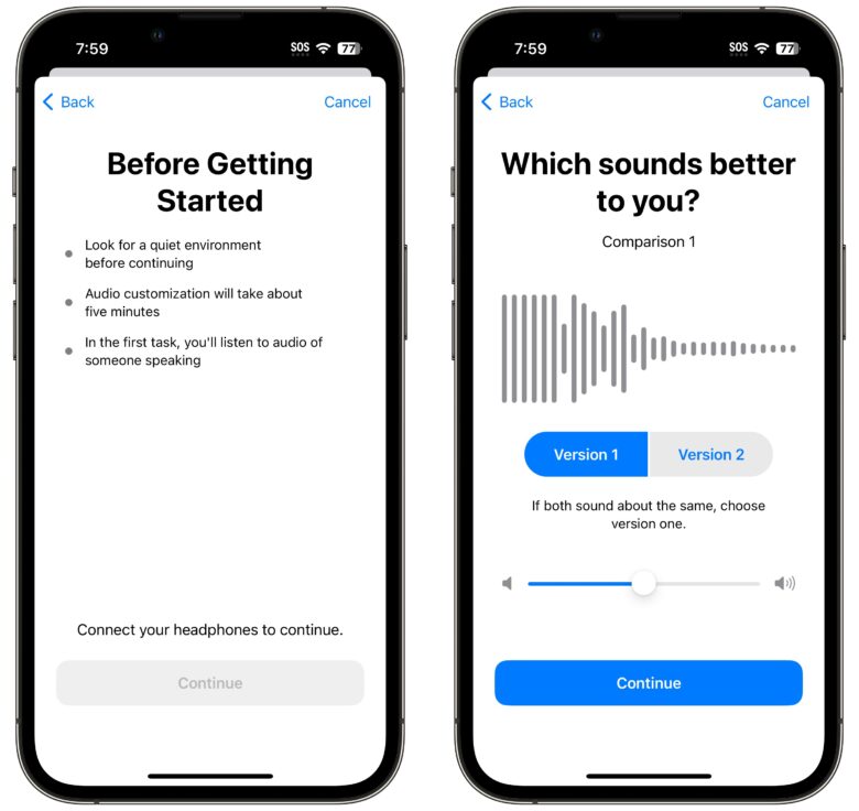 Verwenden Sie AirPods_als Hörgeräte 6 Ein integrierter Hörtest fordert Sie auf, Sprache und Musik zu bewerten. Es ist einfach, aber für den Anfang gut.