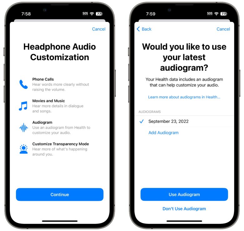Verwenden Sie AirPods_als Hörgeräte 8 Wenn Sie bereits ein Audiogramm in der Health-App gespeichert haben, wird es hier angezeigt.