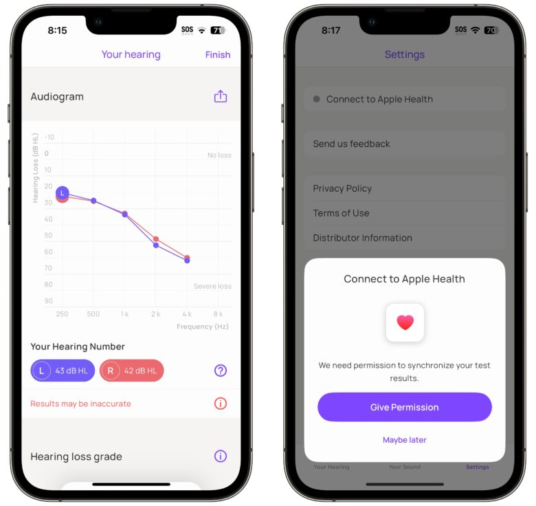 Verwenden Sie AirPods_als Hörgeräte 9 Die kostenlose Mimi-Hörtest-App kann ein Audiogramm erstellen, das in die Health-App importiert werden kann.