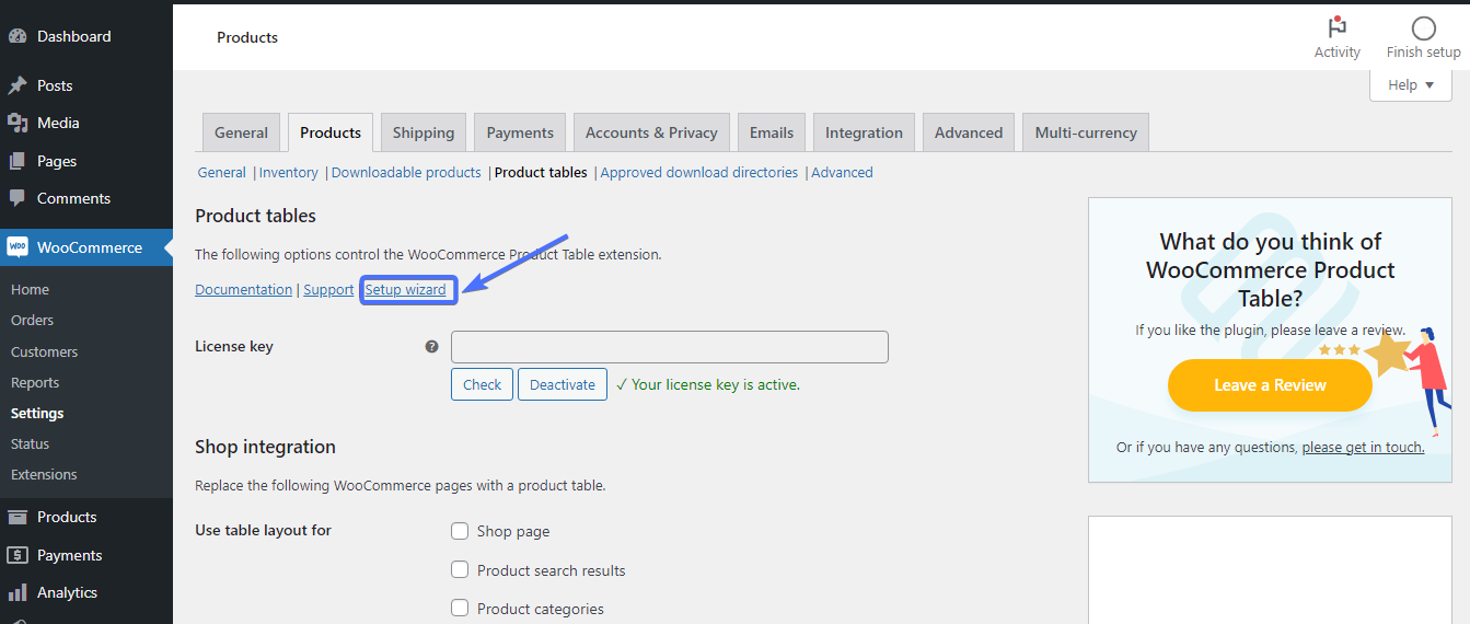 Einstellungen für das WooCommerce-Tabellen-Plugin