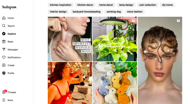 Instagram Explore-Seite mit personalisierten Bildern und Schlüsselwörtern