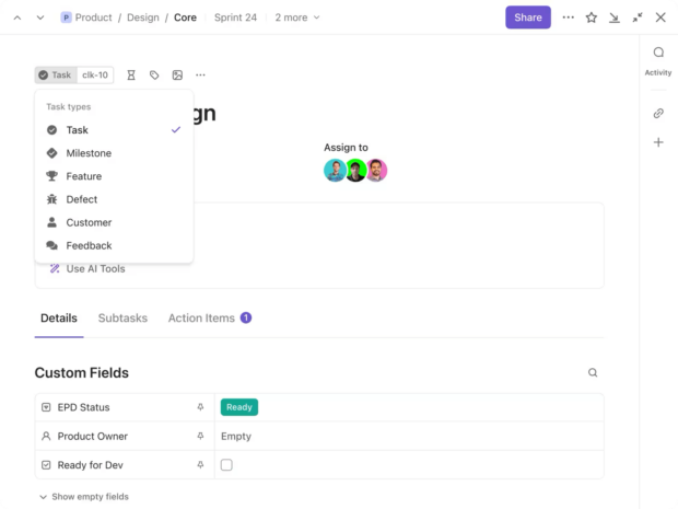 ClickUp-Aufgabendetails und benutzerdefinierte Felder