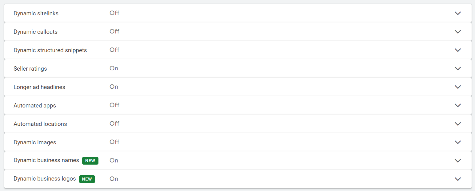 Eine Liste aller automatisierten Assets auf Google Ads-Kontoebene.