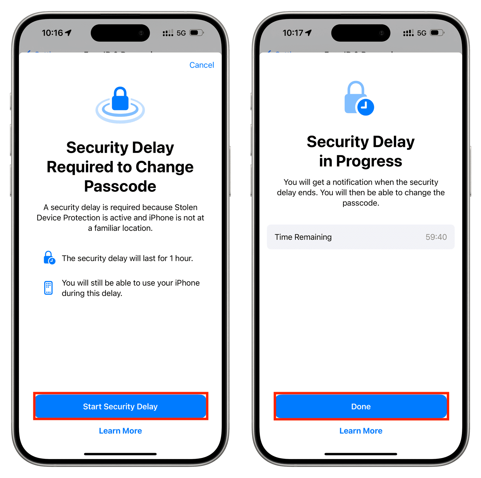 Bildschirme „Sicherheitsverzögerung zum Ändern des Passcodes erforderlich“ und „Sicherheitsverzögerung läuft“ auf dem iPhone
