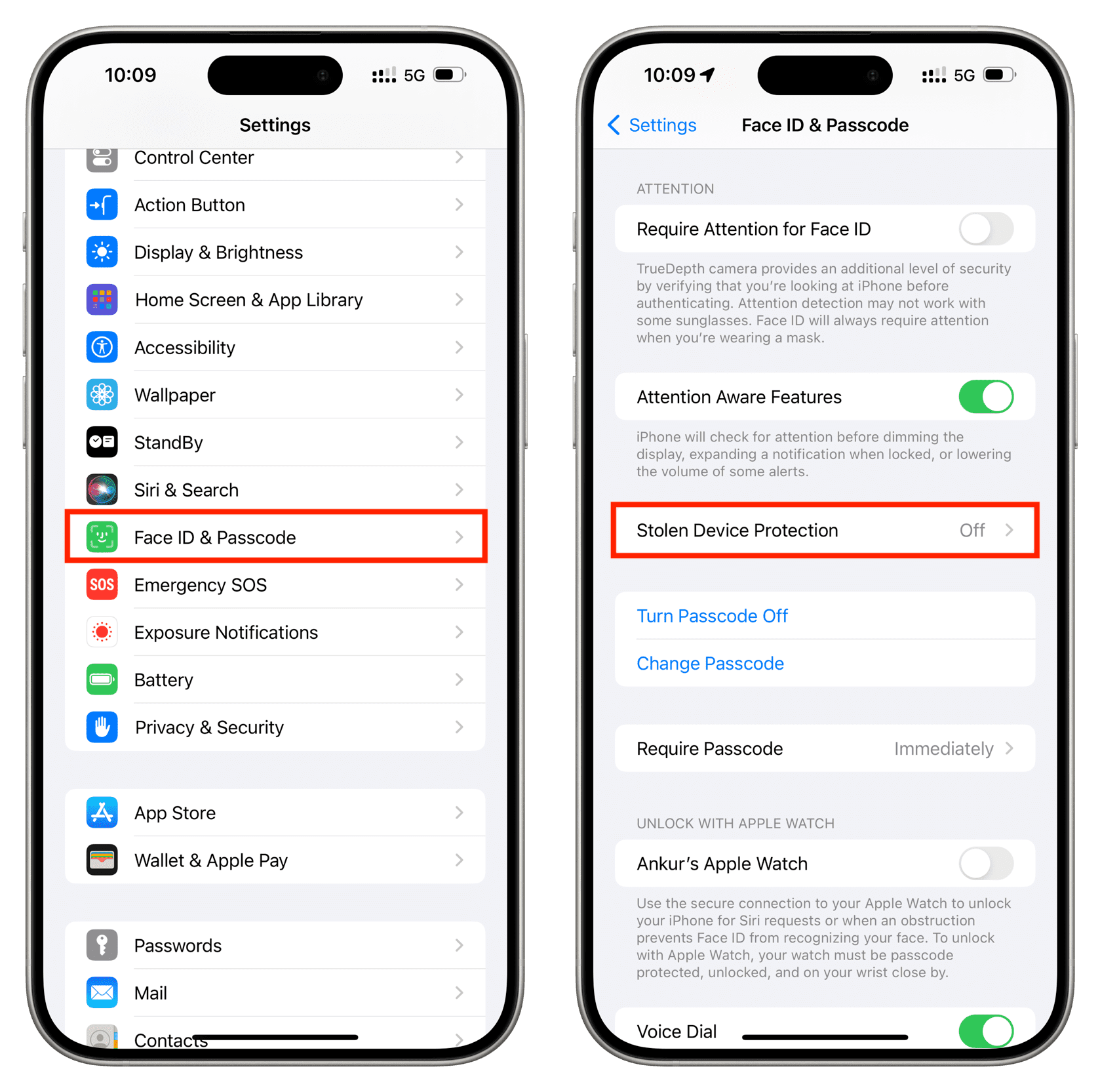 Tippen Sie auf Face ID und Passcode und wählen Sie in den iPhone-Einstellungen die Option „Schutz vor gestohlenen Geräten“ aus