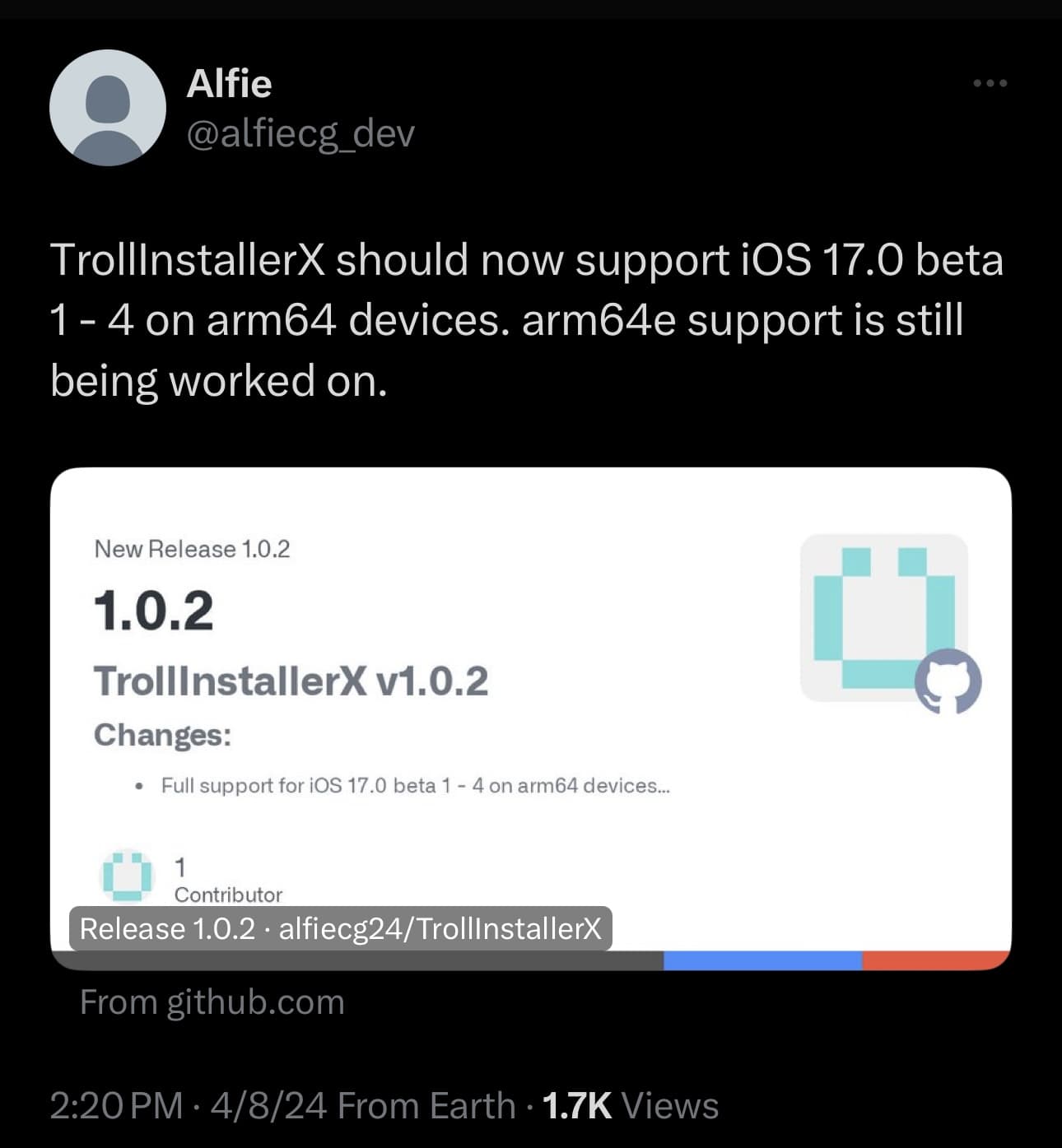 TrollInstallerX v1.0.2 veröffentlicht.