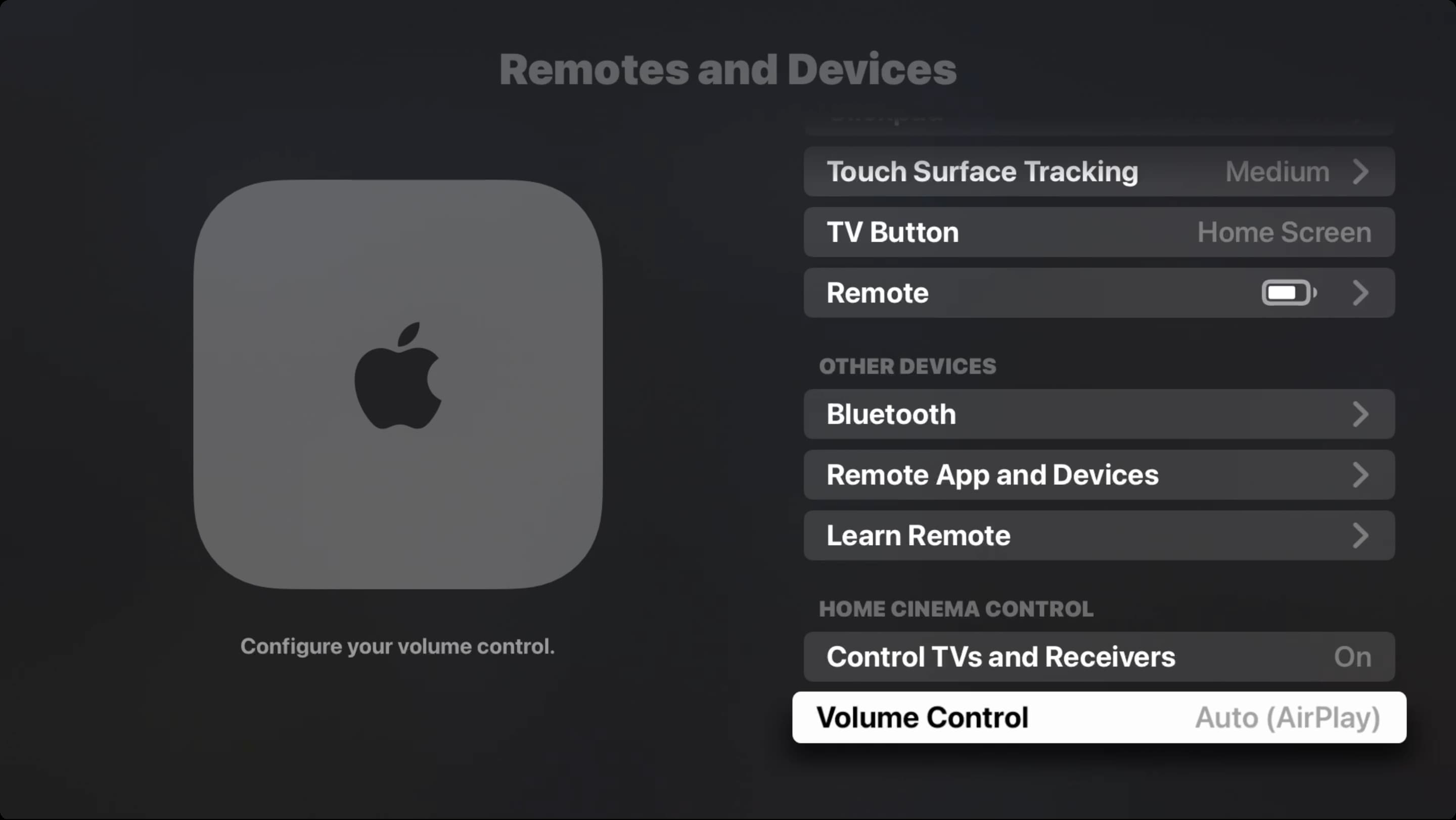 Lautstärkeregelung in den Apple TV Remote-Einstellungen
