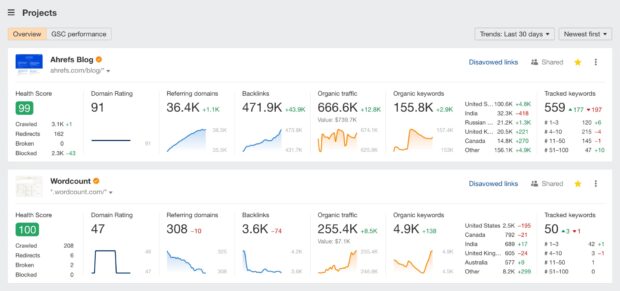 Ahrefs-Projektübersicht mit Grafiken