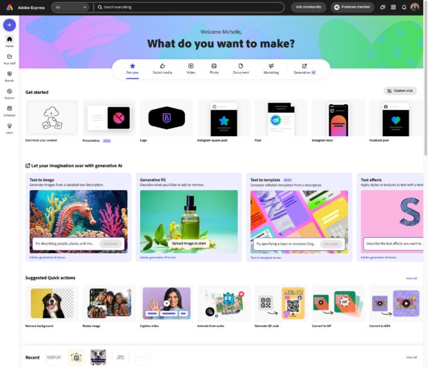 Adobe Express-Homepage und Designergebnisse