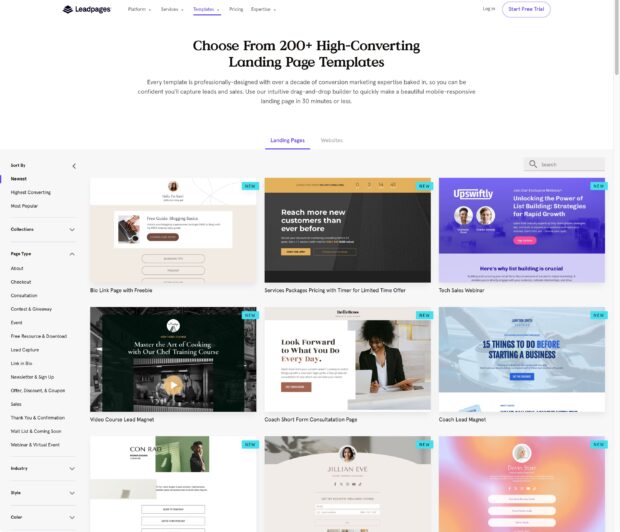 Wählen Sie für die Startseite von LeadPages aus über 200 Landingpage-Vorlagen mit hoher Conversion-Rate