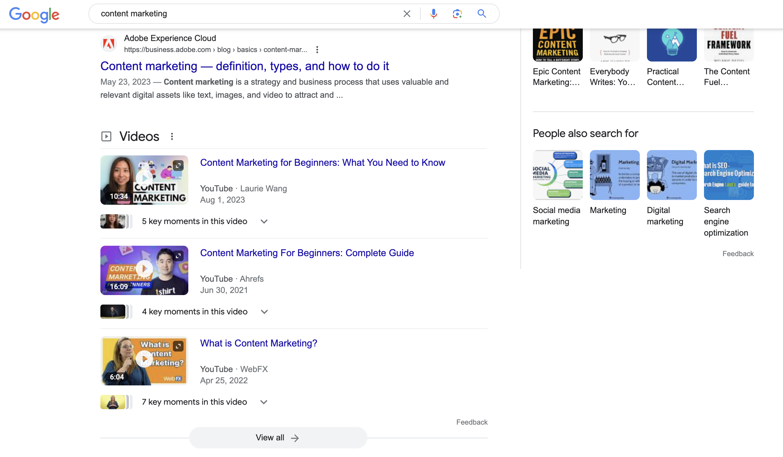 Screenshot von der Suche nach [content marketing]Google