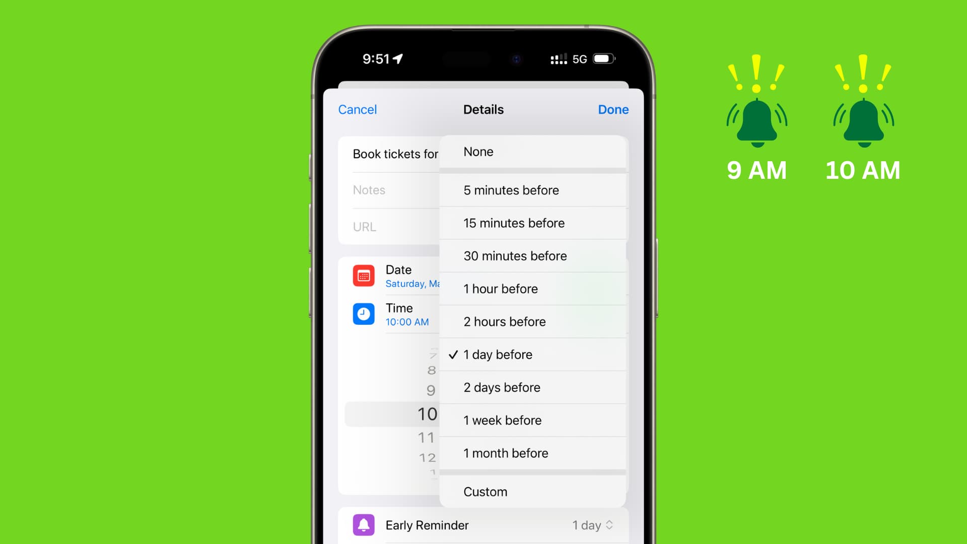 Option „Frühe Erinnerung“ in der Apple Reminders-App auf dem iPhone