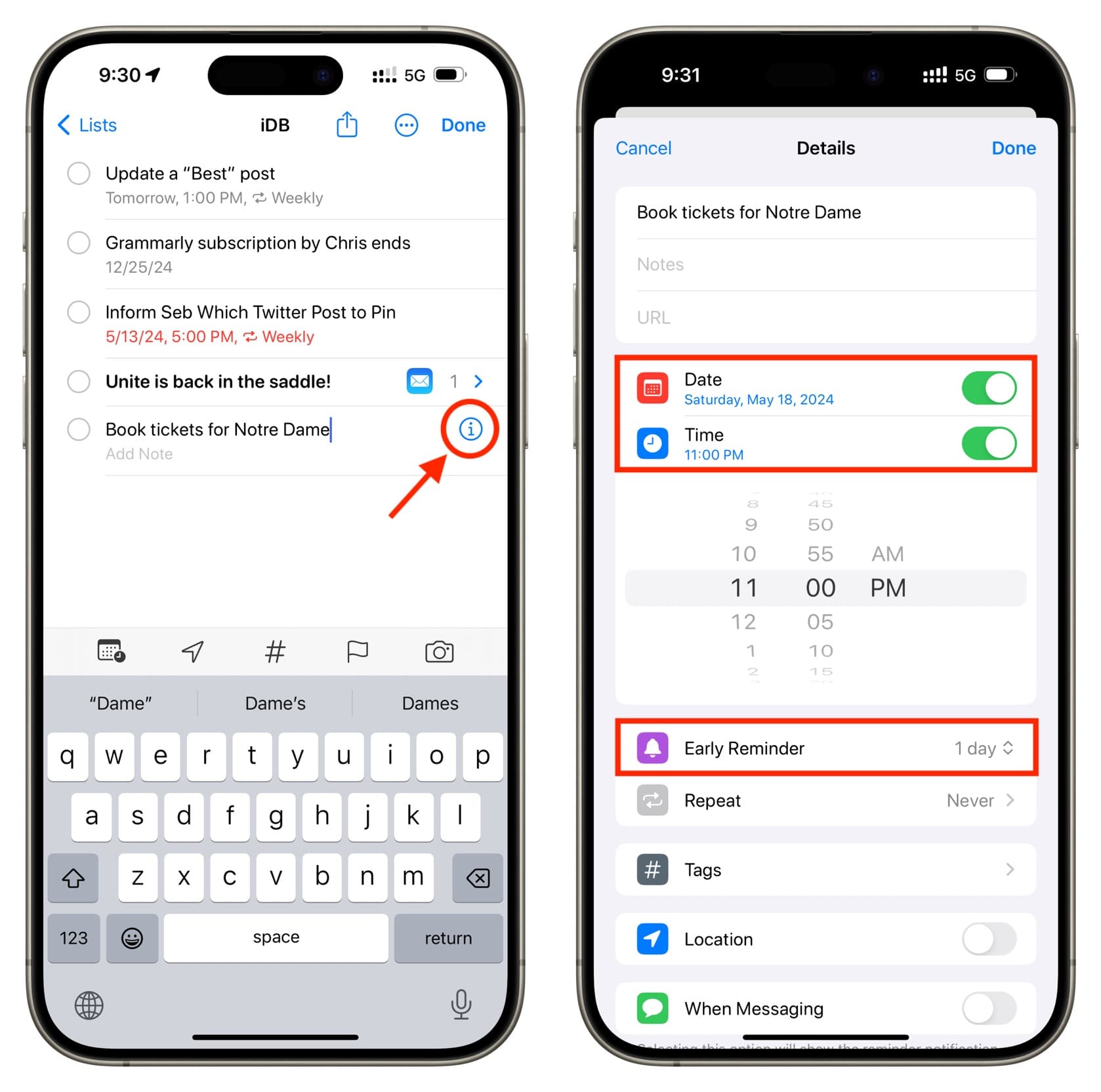 Erstellen Sie eine Aufgabe mit der Erinnerung „1 Tag früher“ in der iPhone-Erinnerungs-App