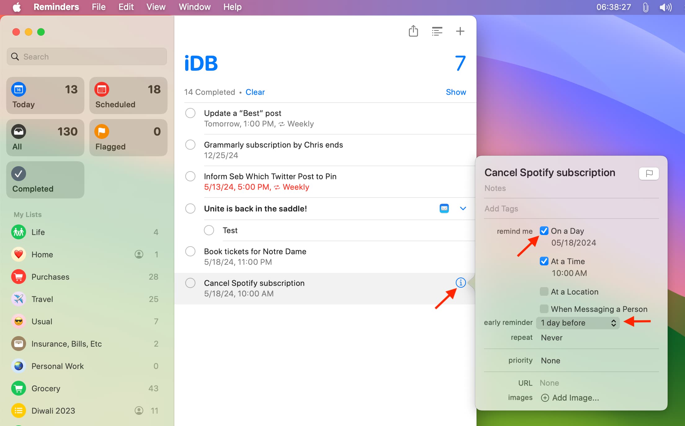 Frühzeitige Erinnerungen in der Mac-Erinnerungs-App