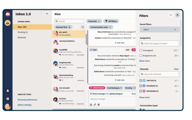 Dashboard von Hootsuite Inbox 2.0 mit verschiedenen Nachrichten und Antworten