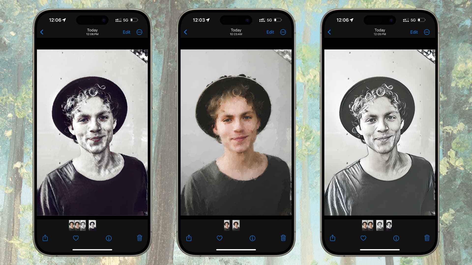 Porträtbilder einer Person in drei verschiedenen Malstilen auf dem iPhone