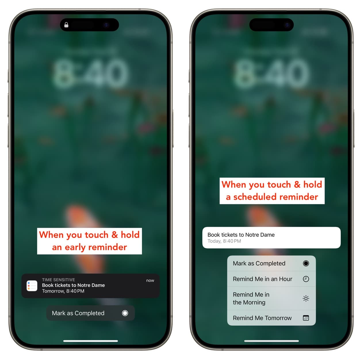 Zwei iPhones zeigen die Optionen an, die angezeigt werden, wenn Sie eine frühe Erinnerungsbenachrichtigung und eine tatsächlich geplante Benachrichtigung berühren und gedrückt halten