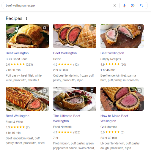Ein Screenshot der Suchergebnisse für „Beef Wellington-Rezept“ mit Bildern verschiedener Arten von Rindfleisch-Wellington-Gerichten