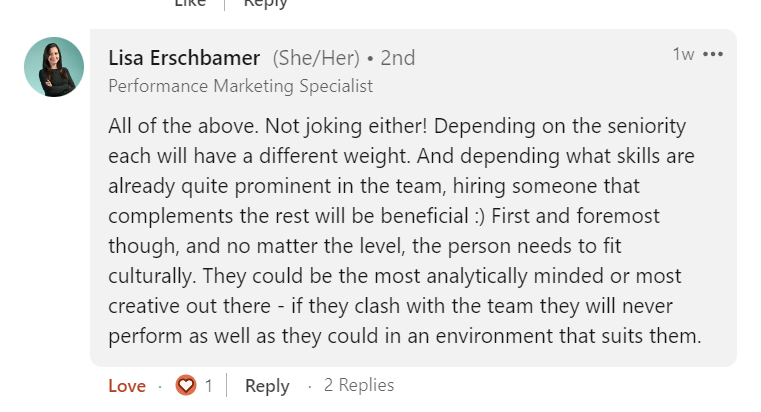 LinkedIn-Beitrag von Lisa Erschbamer, in dem die Bedeutung der kulturellen Übereinstimmung und der individuellen Persönlichkeit in der Teamdynamik für eine effektive Leistung in einer PPC-Agentur erörtert wird.