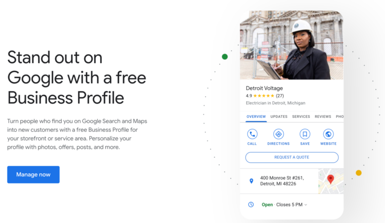 Startseite des Google-Unternehmensprofils