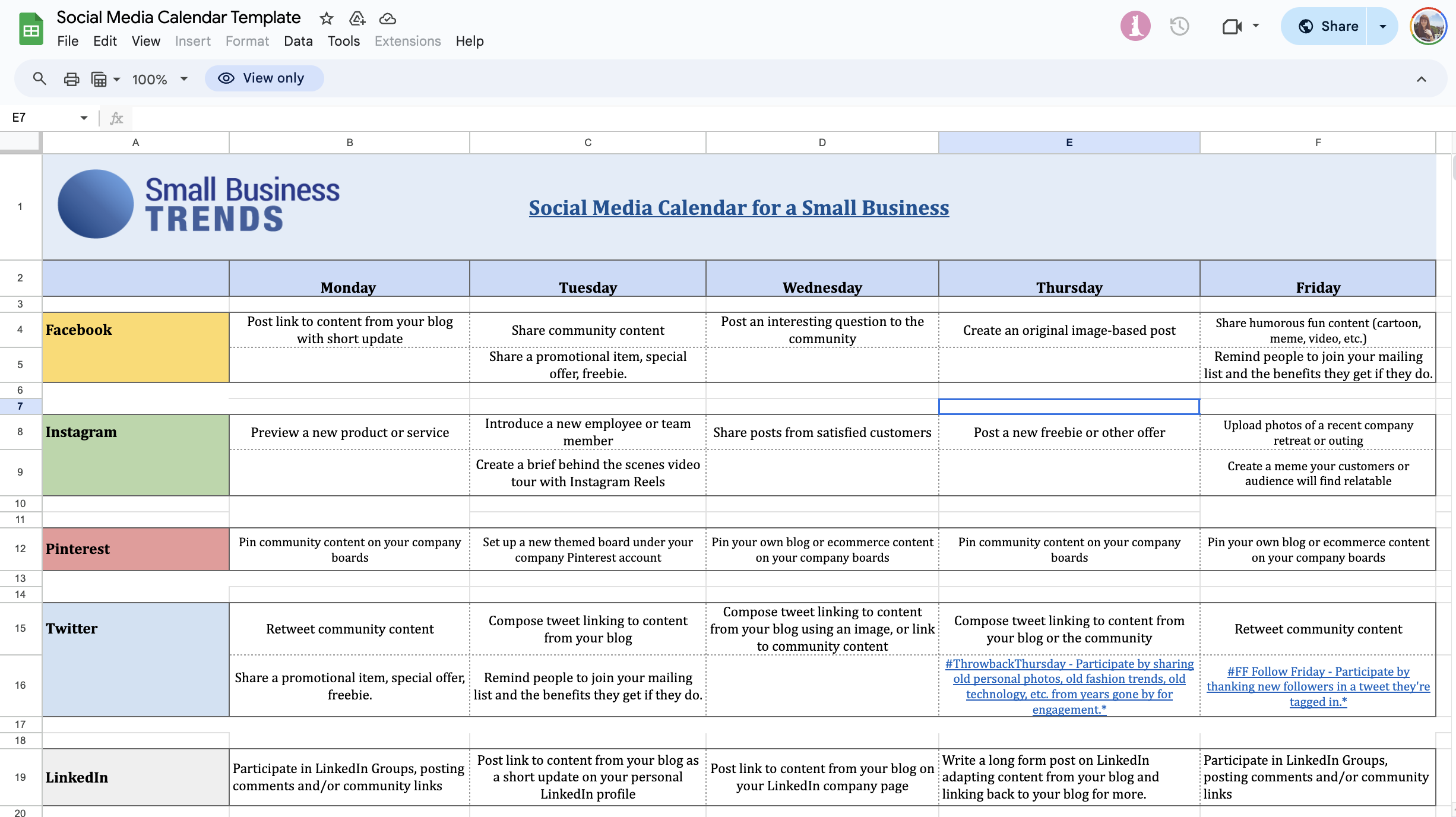 Screenshot der besten Inhaltskalender-Tabelle für 2024. Das Layout enthält Registerkarten für verschiedene Plattformen wie Facebook, Instagram, Pinterest, Twitter und LinkedIn mit detaillierten täglichen Veröffentlichungsstrategien.
