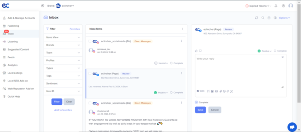 eClincher-Dashboard für den sozialen Posteingang