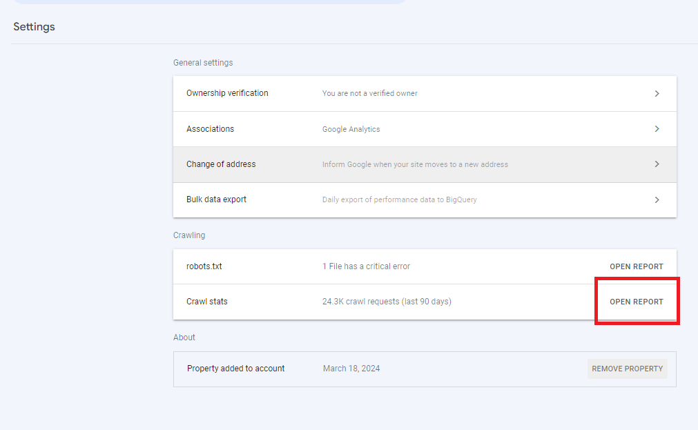 An image of the Settings Page in GSC with a red box over the Open Report option for Crawl Stats