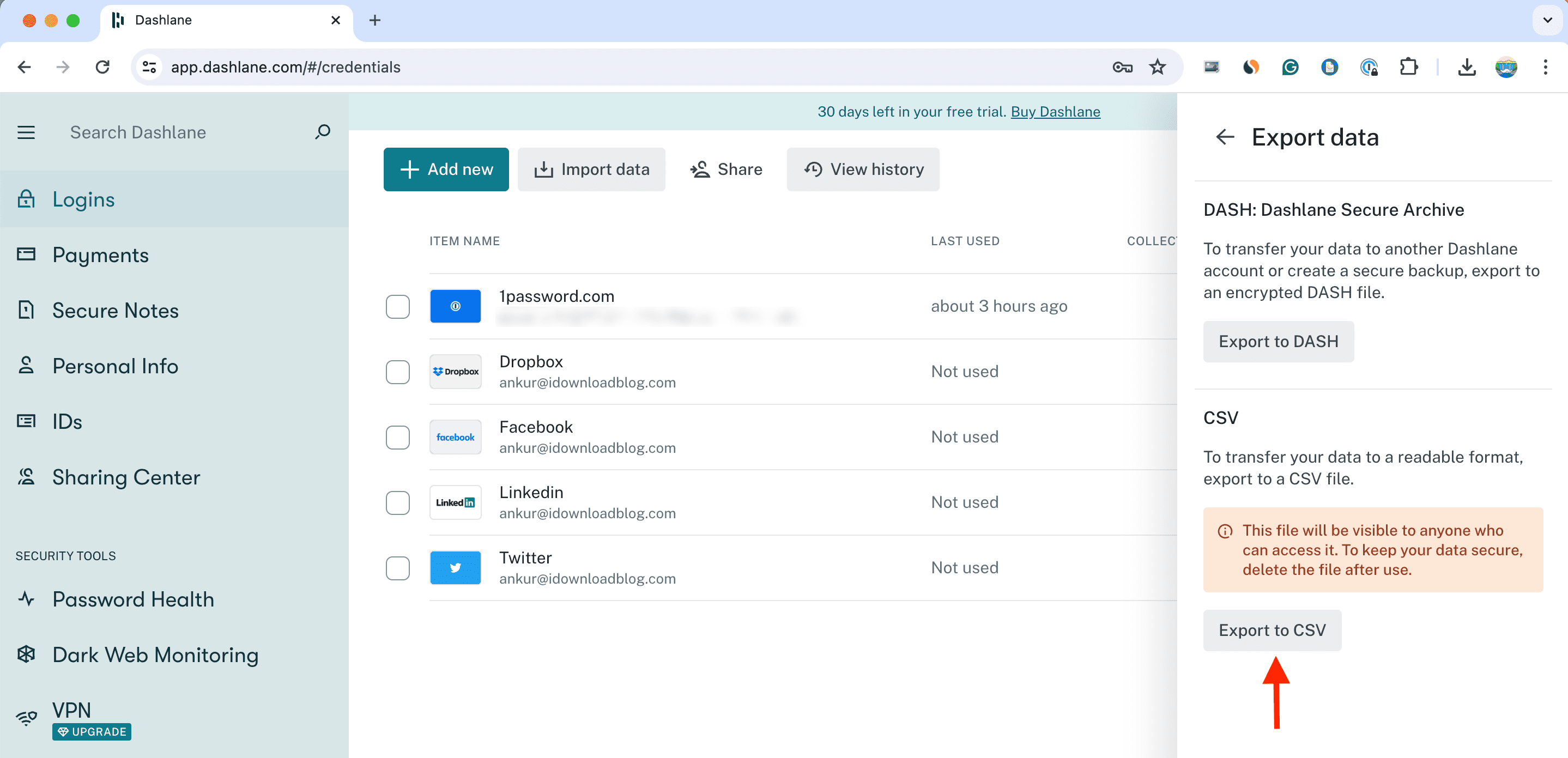 Exportieren Sie Dashlane-Passwörter in eine CSV-Datei