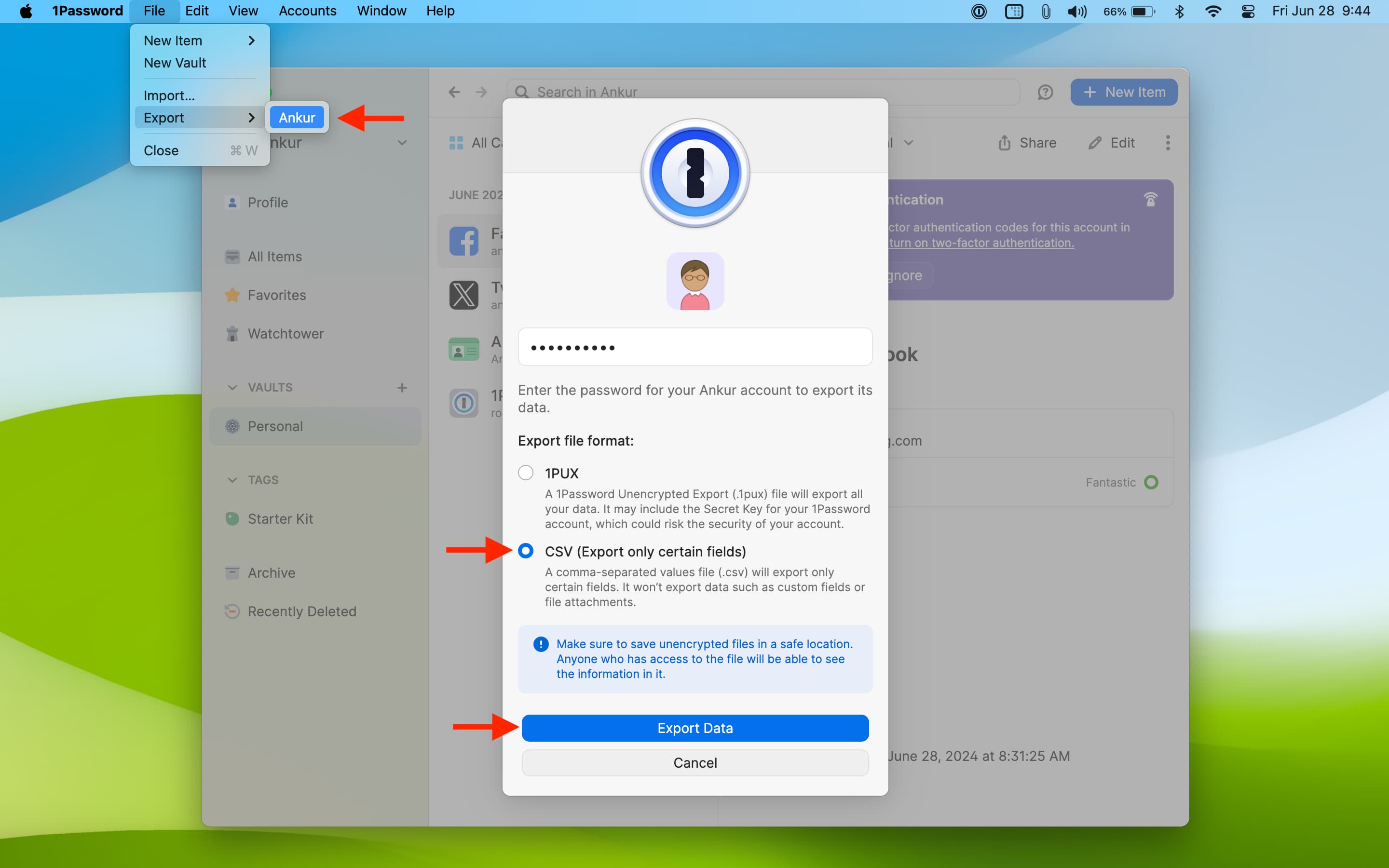 Exportieren Sie Passwörter aus der 1Password-App auf dem Mac