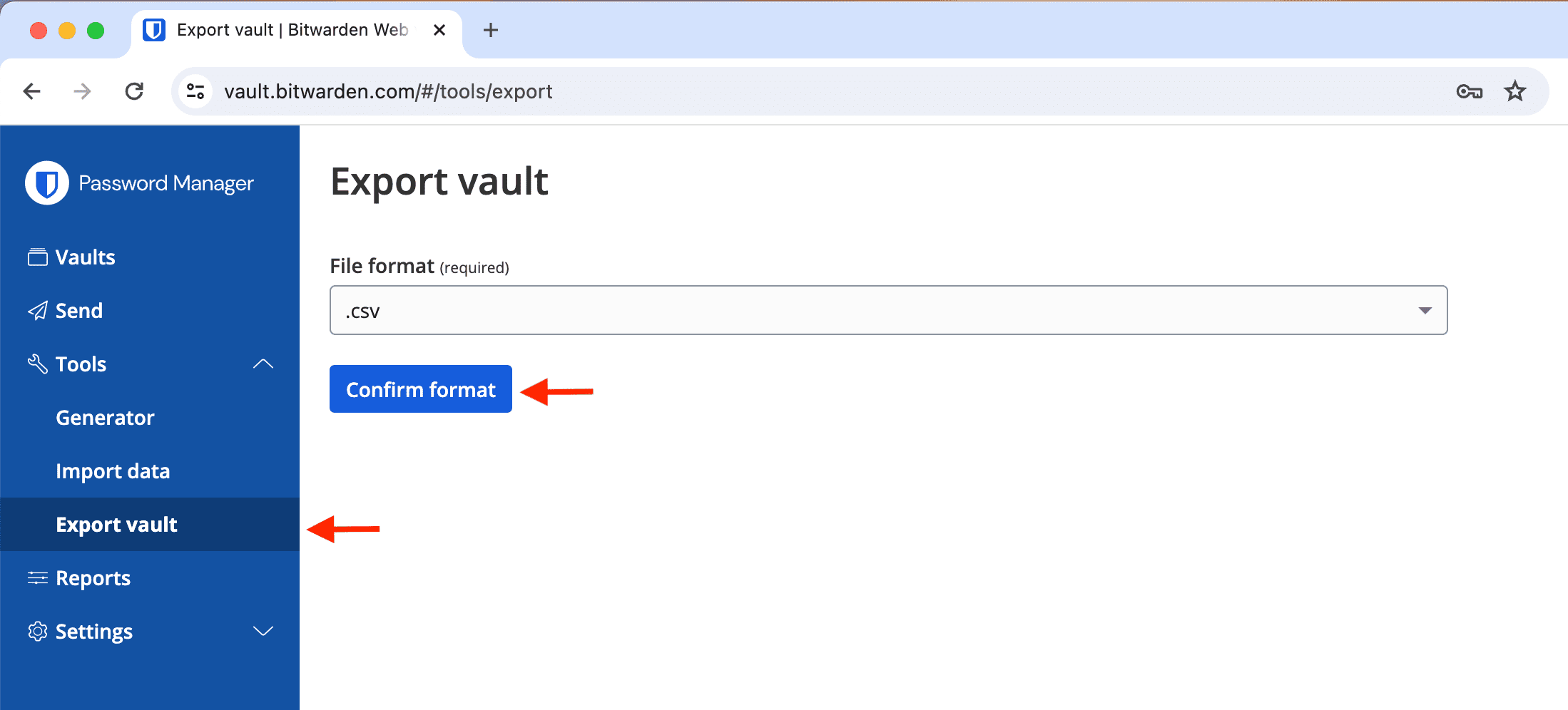 Tresor aus Bitwarden im Webbrowser exportieren