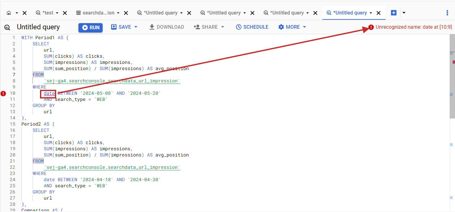 Fehler in BigQuery SQL, wenn der Spaltenname nicht mit der Datensatzspalte übereinstimmt.