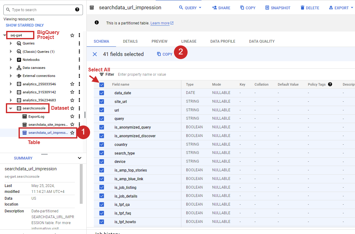 So wählen Sie alle Spalten einer Tabelle in BigQuery aus.