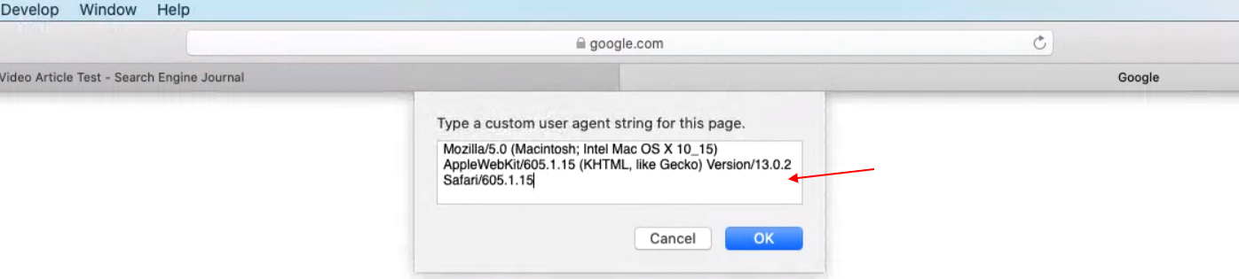 Benutzerdefinierte Benutzeragent-Einstellung für Safari