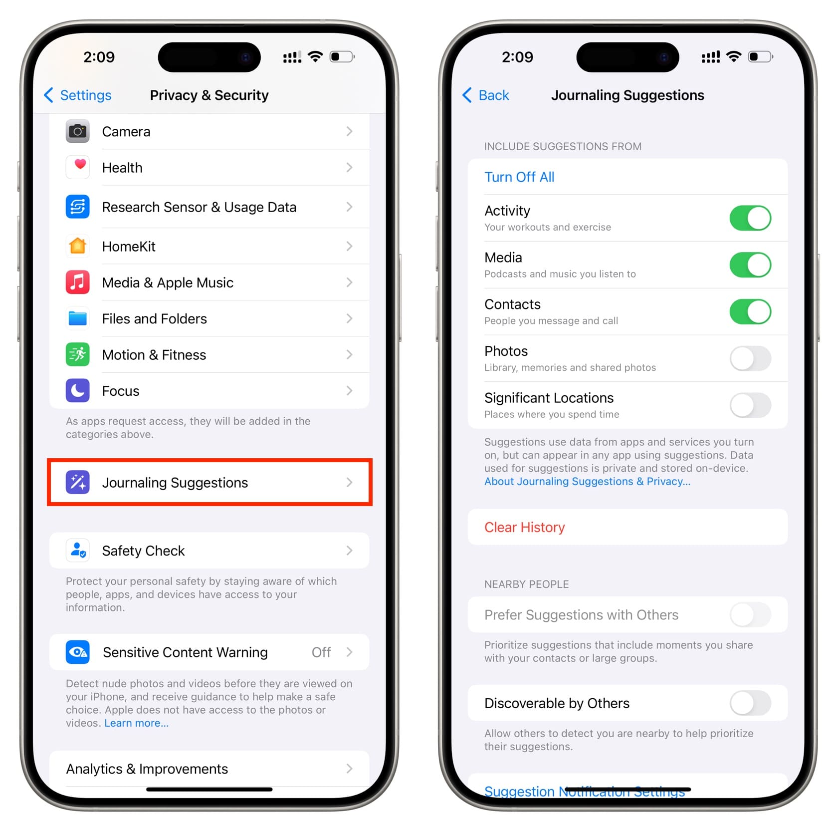 Journalvorschläge auf dem iPhone ändern