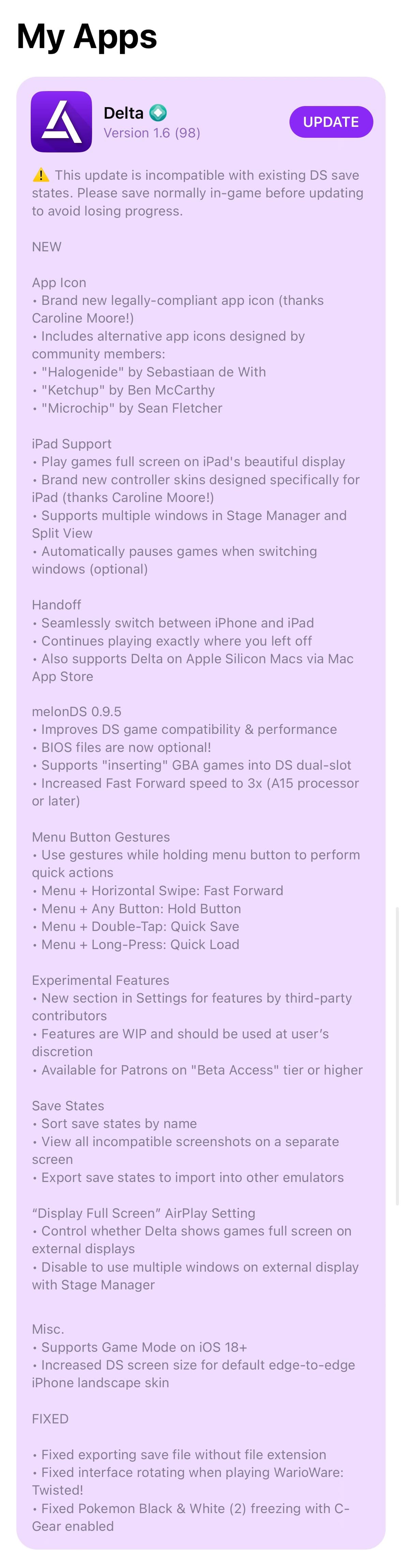 Änderungsprotokoll der Deltaversion 1.6.