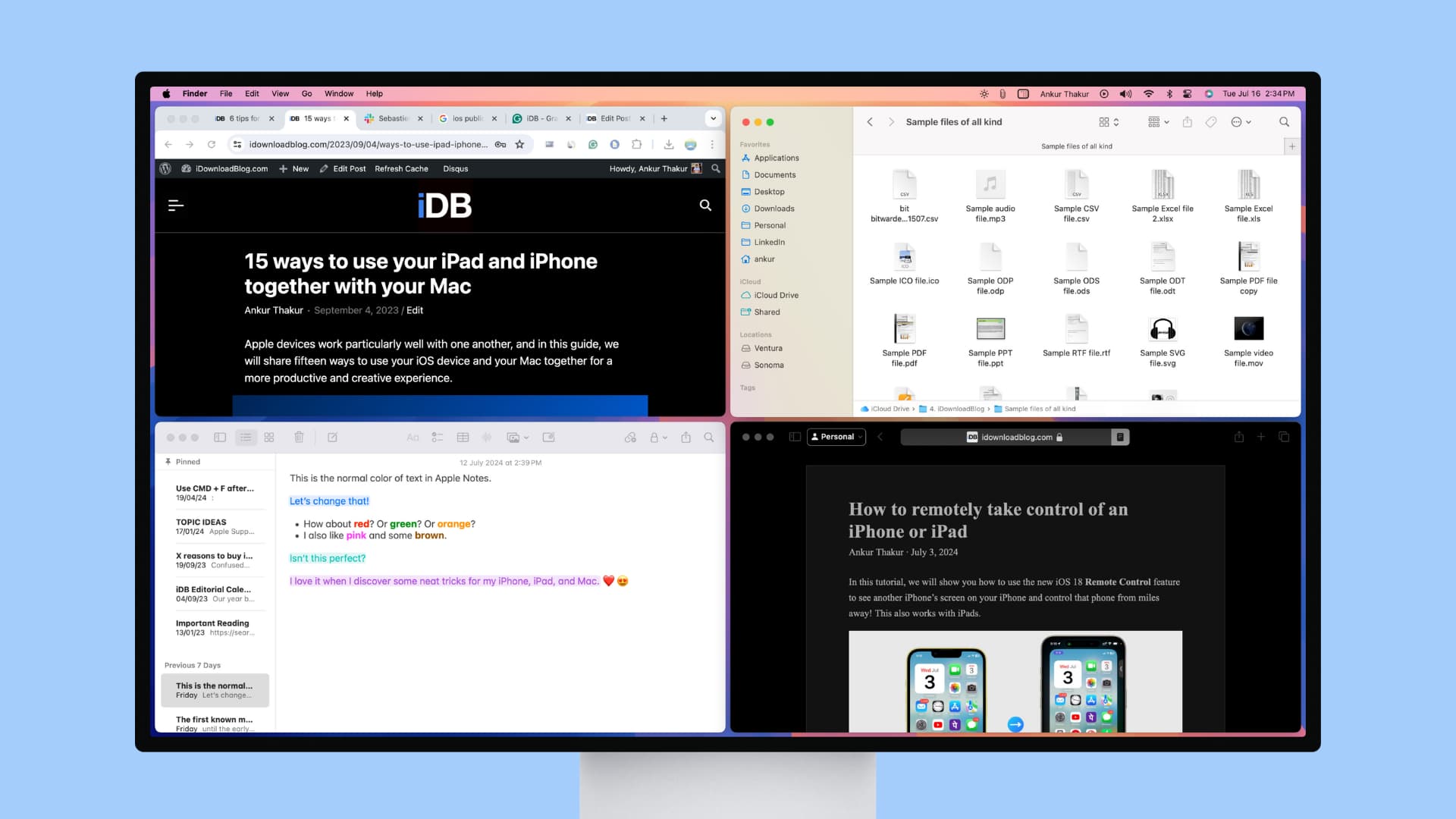 Vier App-Fenster in jedem Viertel auf dem Mac