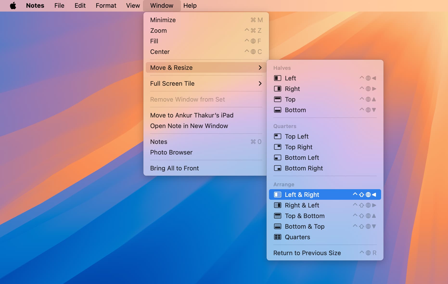 Optionen zum Anordnen von Fenstern auf dem Mac über die Menüleiste