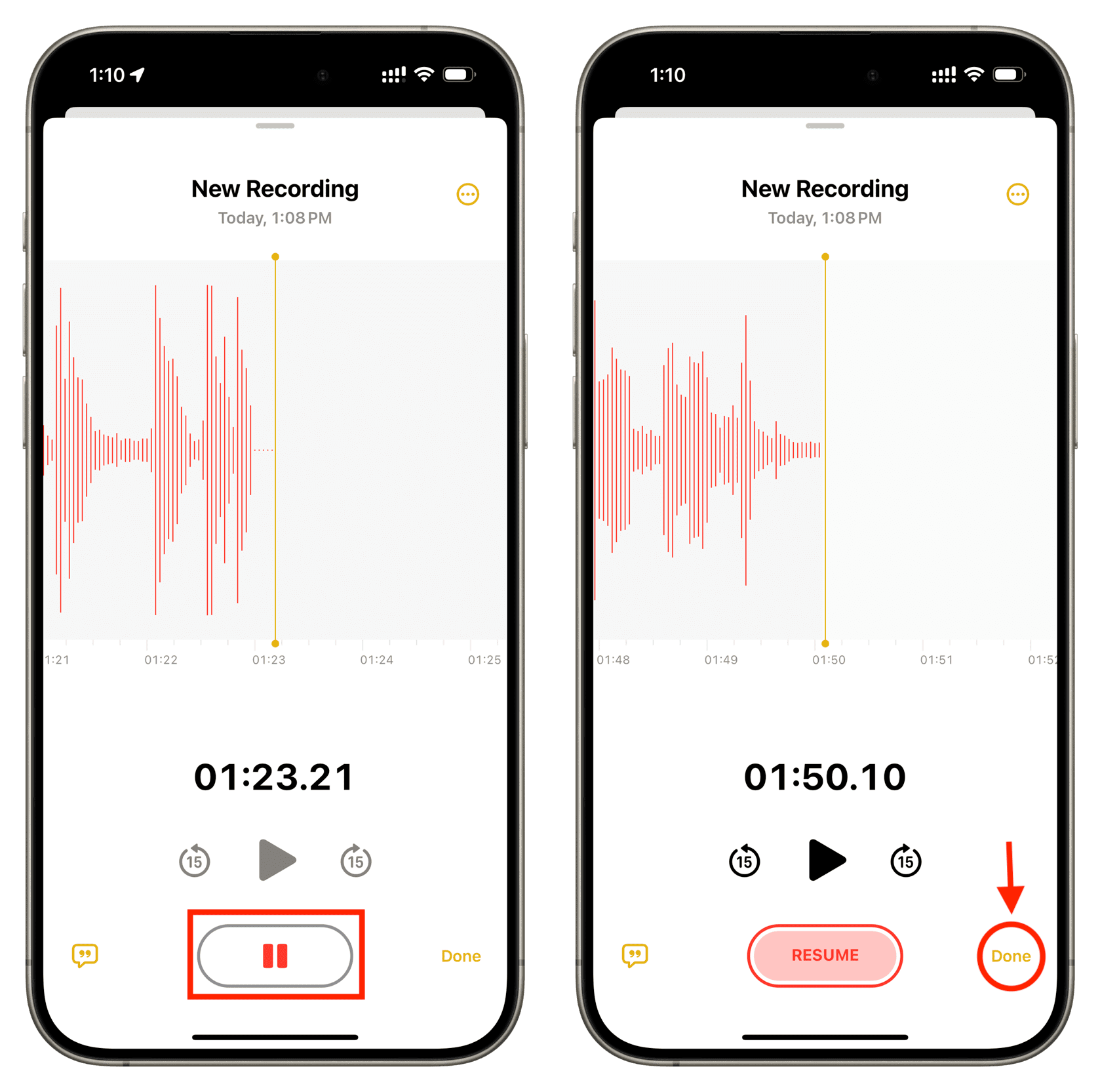 Anhalten und Fortsetzen der Audioaufnahme in der App „Notizen“ auf dem iPhone