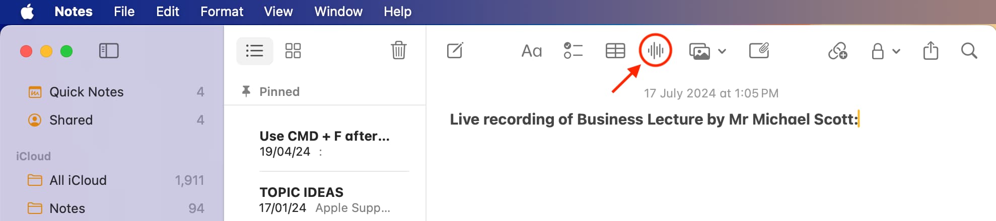 Aufzeichnen von Audiodaten in Apple Notes auf dem Mac