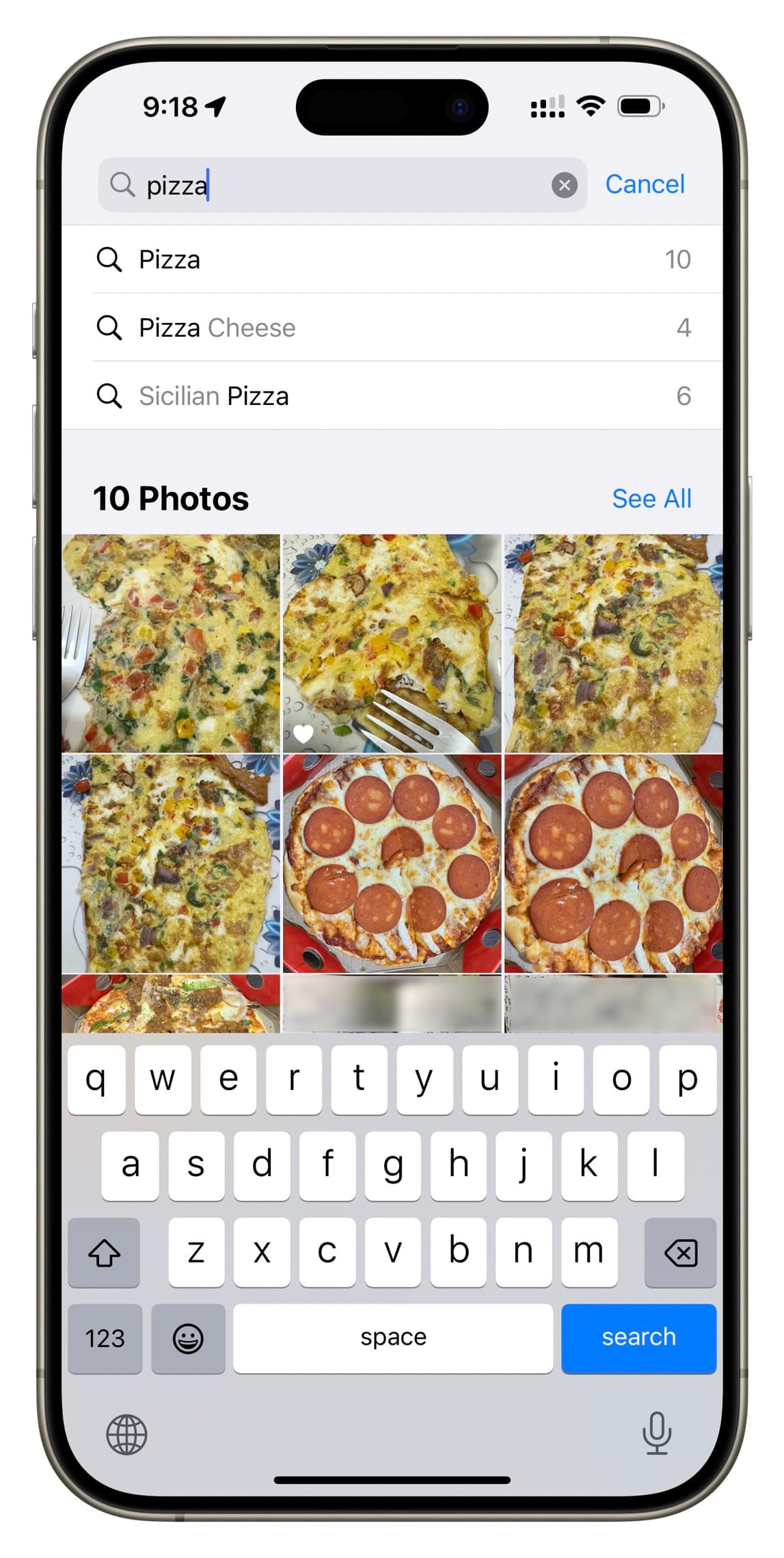 Suche nach Pizza in der iPhone-Fotos-App