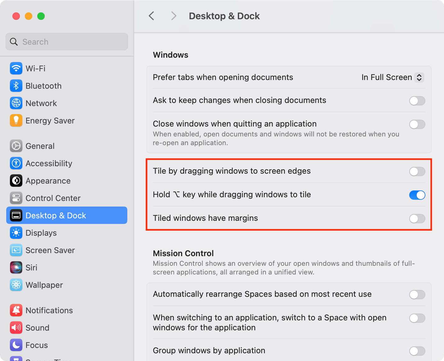 Fensterverwaltungsoptionen in den Mac-Systemeinstellungen