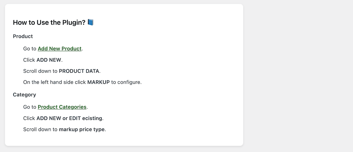 Ein einfaches Plugin-Tutorial auf der Haupteinstellungsseite von Markup für WooCommerce, das Ihnen zeigt, wie Sie Produkt- und Kategorie-Markups hinzufügen.