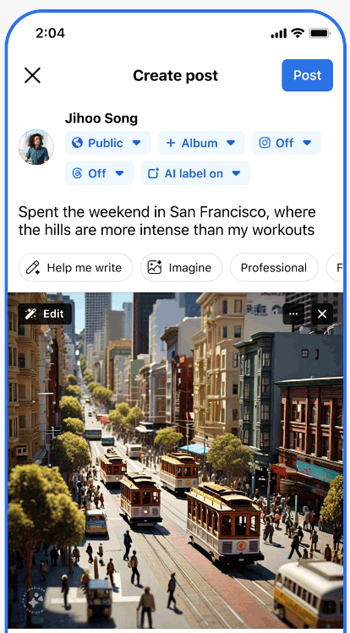 Screenshot eines Facebook-Benutzers, der seinem Beitrag ein von KI generiertes Bild hinzufügt
