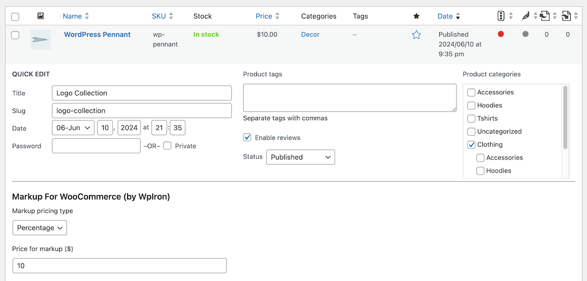 Greifen Sie auf das Menü „Schnellbearbeitung“ in Ihrem WordPress-Dashboard zu, um schnelle Änderungen an den Aufschlagspreisen Ihrer WooCommerce-Produkte vorzunehmen.