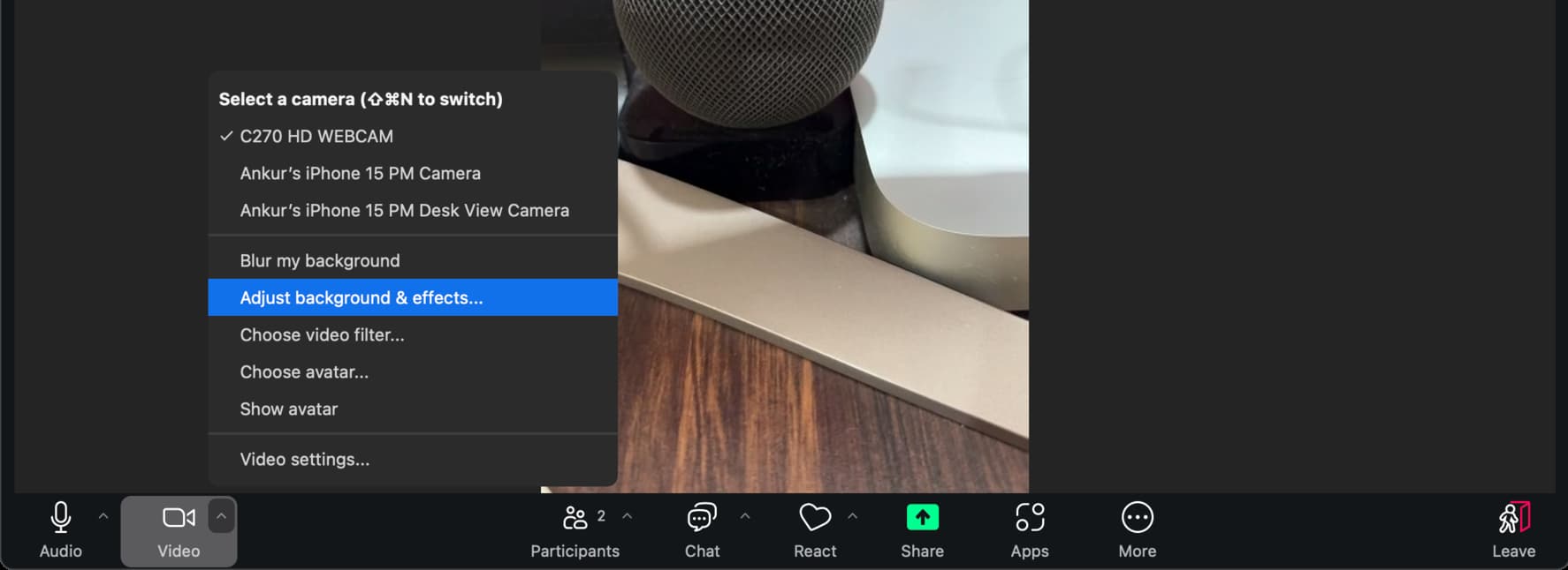 Hintergrund und Effekte in Zoom auf dem Mac anpassen