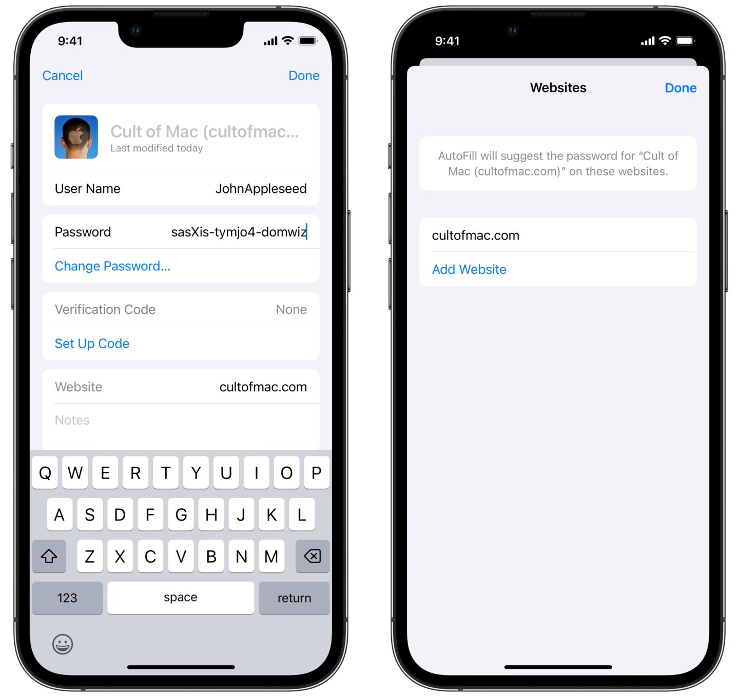 Apple-Passwörter Passwort bearbeiten Bearbeiten eines gespeicherten Passworts.