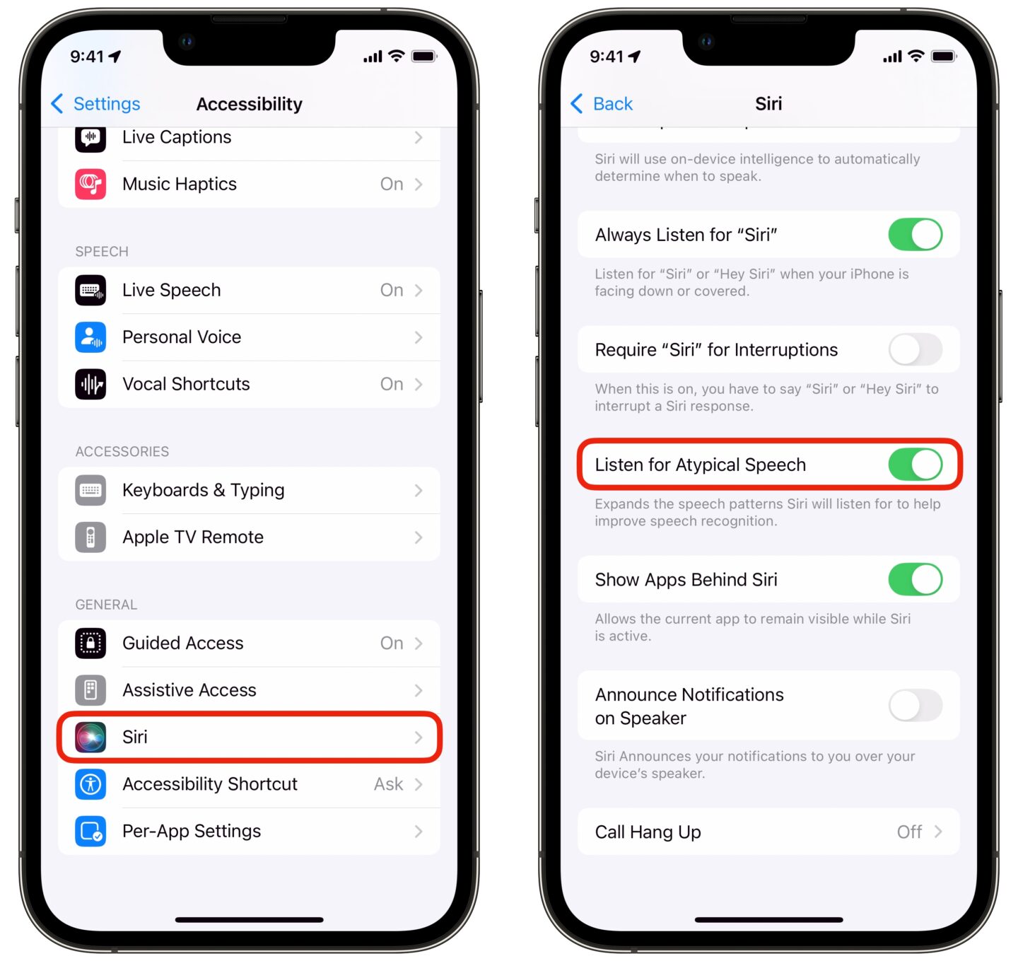 Achten Sie auf atypische Sprache Screenshot, der die Aktivierung der Funktion „Auf untypische Sprache achten“ im Abschnitt „Bedienungshilfen“ der App „Einstellungen“ in iOS 18 zeigt.